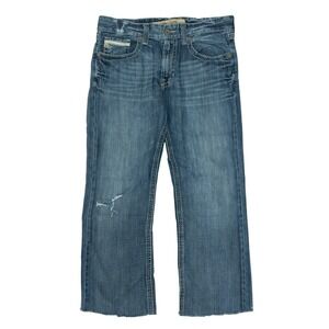 Big Star Pioneer Jeans Mens 33R Blue Distressed Boot Cut Raw Hem Buckle